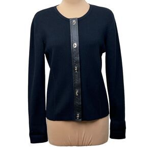 Anne Klein Black Cardigan Women Medium Knit Sweater Leather Trim Professional